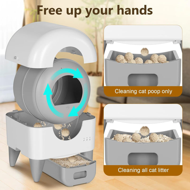 Diagram of Fumoi M4 rotating drum self-cleaning system with waste drawer, showing waste-only cleaning and full litter cleaning