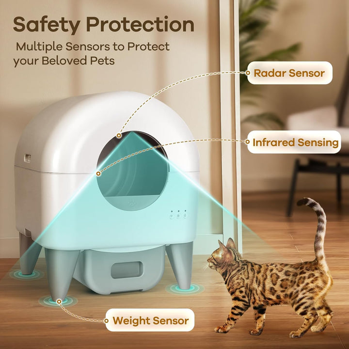 Fumoi M4 self-cleaning litter box safety protection graphic highlighting radar sensor, infrared sensing, and weight sensor