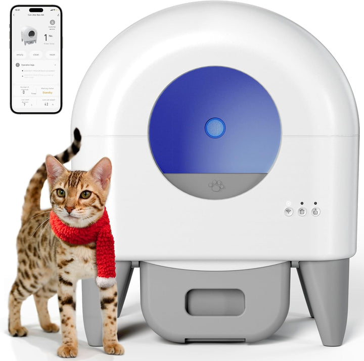 Fumoi M4 automatic self-cleaning cat litter box in gray with app control, shown with a cat and a phone app screen