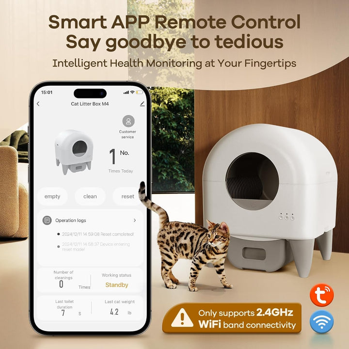 Fumoi M4 smart litter box with phone app remote control screen and note about 2.4GHz Wi‑Fi band connectivity